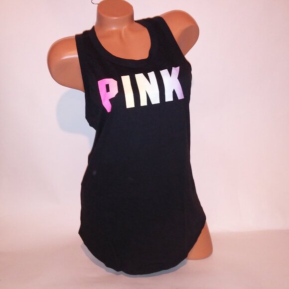 Victoria Secret PINK Tank Top Black Multi Logo Solid Open Cutout Back Sleeveless - Picture 10 of 16